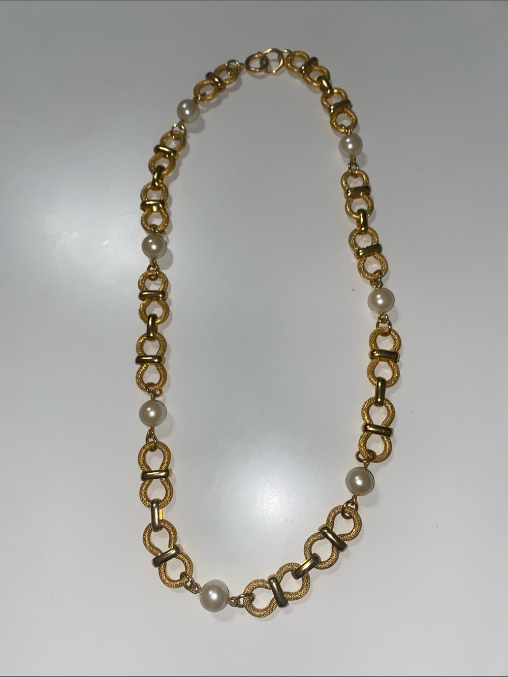 Long Gold Tone Pearl Style Link Necklace